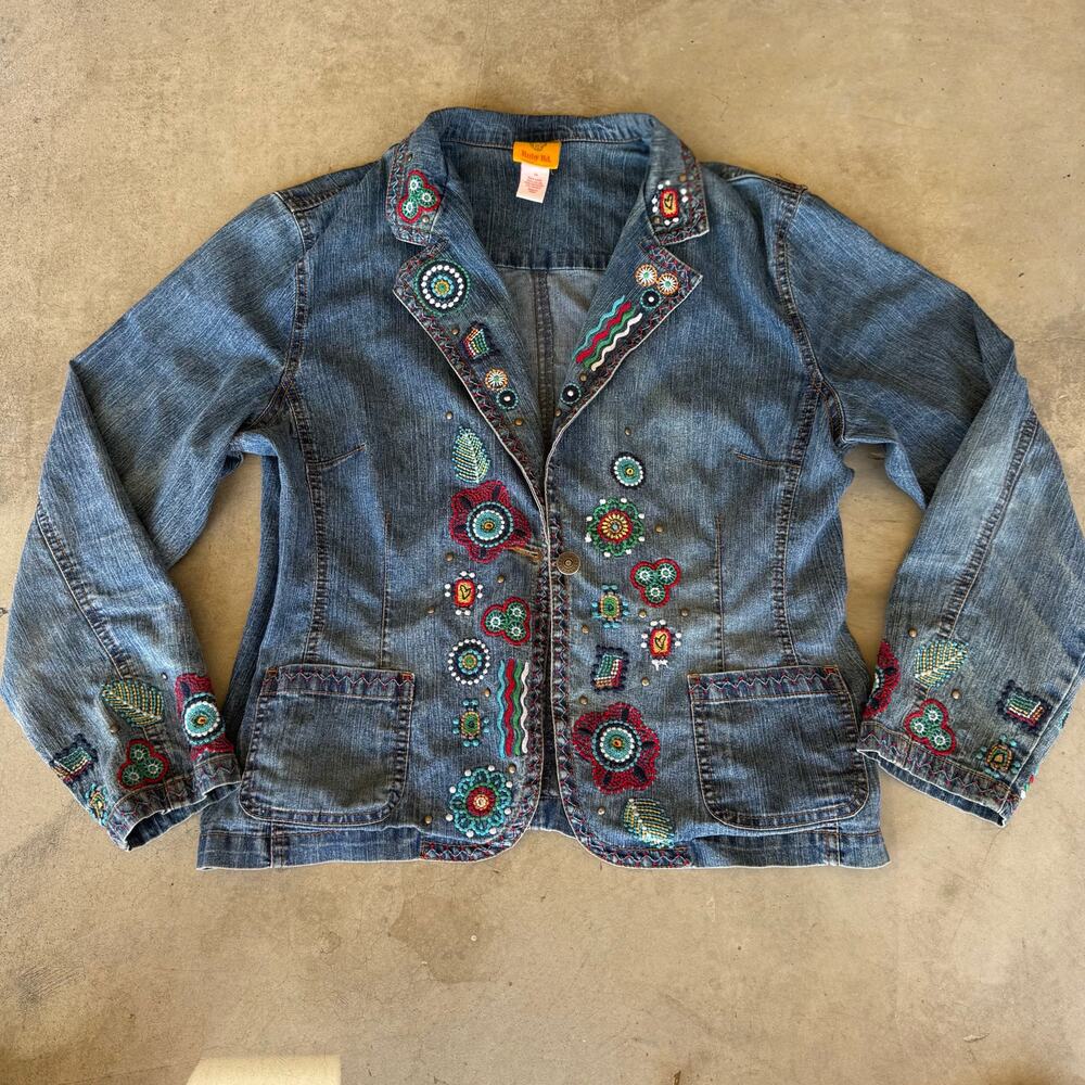 Ruby Rd. Embroidered Denim Jacket Women’s Size 14 Boho Floral Beaded Blazer